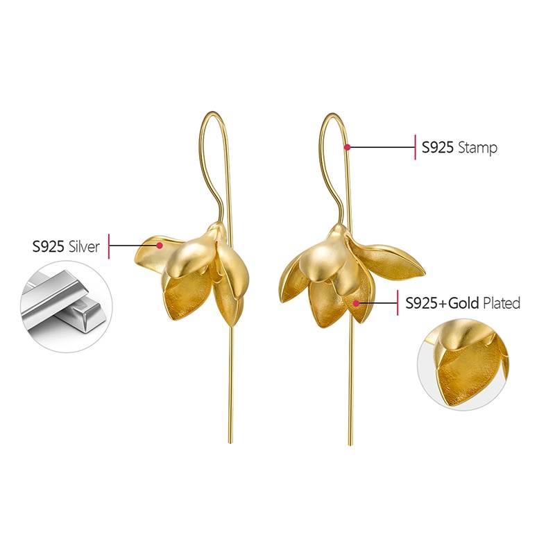Lotus Fun Real 925 Sterling Silver Earrings Designer Fine Jewelry 18K Gold Elegant Magnolia Flower Dangle Earrings for Women Earrings Flower Earrings 