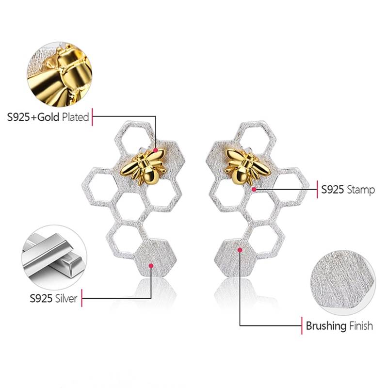 Lotus Fun Real 925 Sterling Silver Earrings Natural Fine Jewelry Honeycomb Home Guard 18K Gold Bee Drop Earrings for Women Gift Summer Garden 