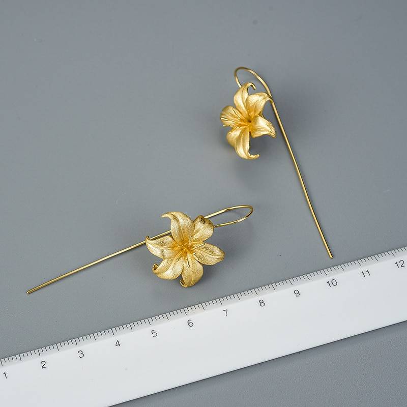 Lotus Fun 18K Gold Lily Flower Dangle Earrings Real 925 Sterling Silver Handmade Designer Fine Jewelry Earrings for Women Bijoux Flowers on the Water 