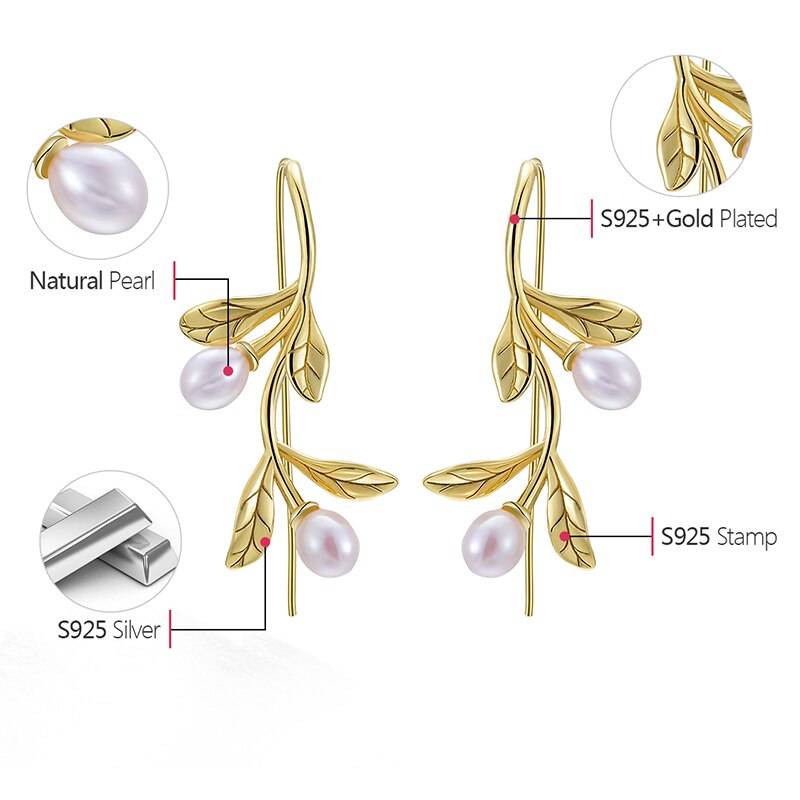 Lotus Fun Real 925 Sterling Silver Natural Pearl Earrings Fine Jewelry Waterdrops from the Olive Leaves Drop Earrings for Women Summer Garden 
