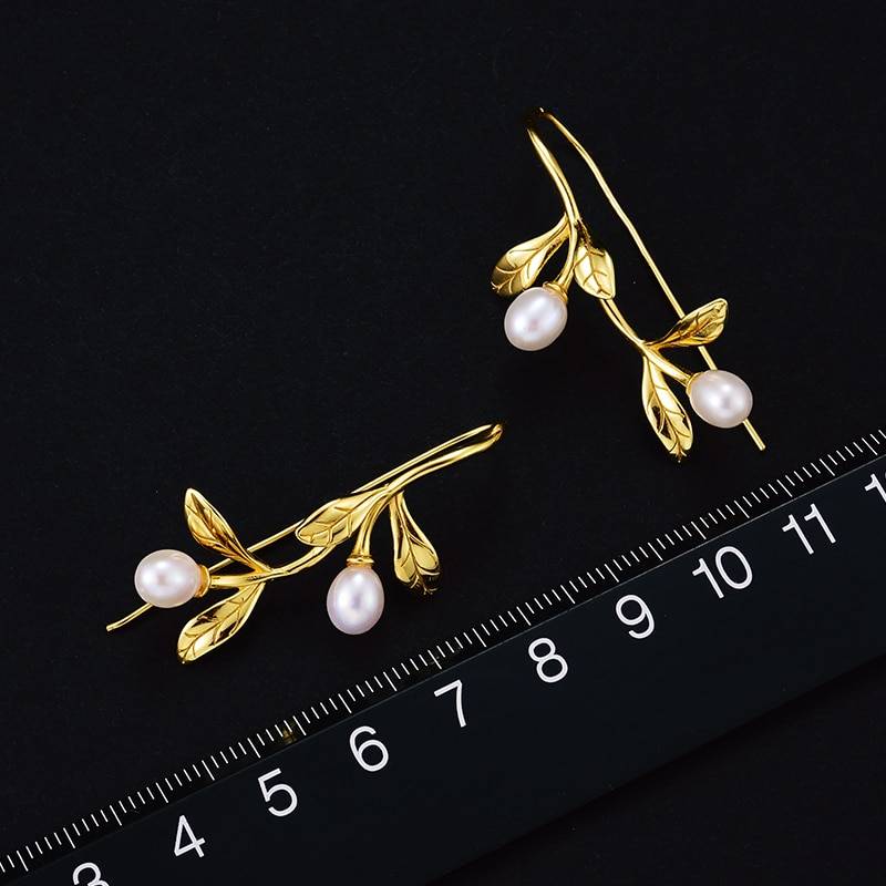Lotus Fun Real 925 Sterling Silver Natural Pearl Earrings Fine Jewelry Waterdrops from the Olive Leaves Drop Earrings for Women Summer Garden 