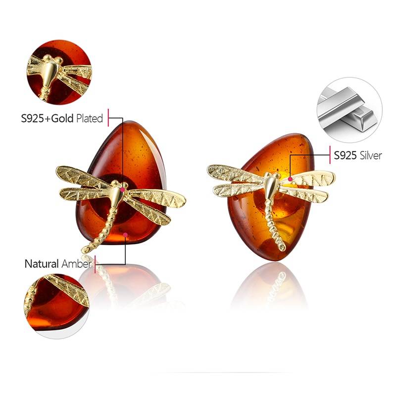 Lotus Fun Real 925 Sterling Silver Natural Amber Handmade Fine Jewelry 18K Gold Cute Dragonfly Stud Earrings for Women Brincos Summer Garden 