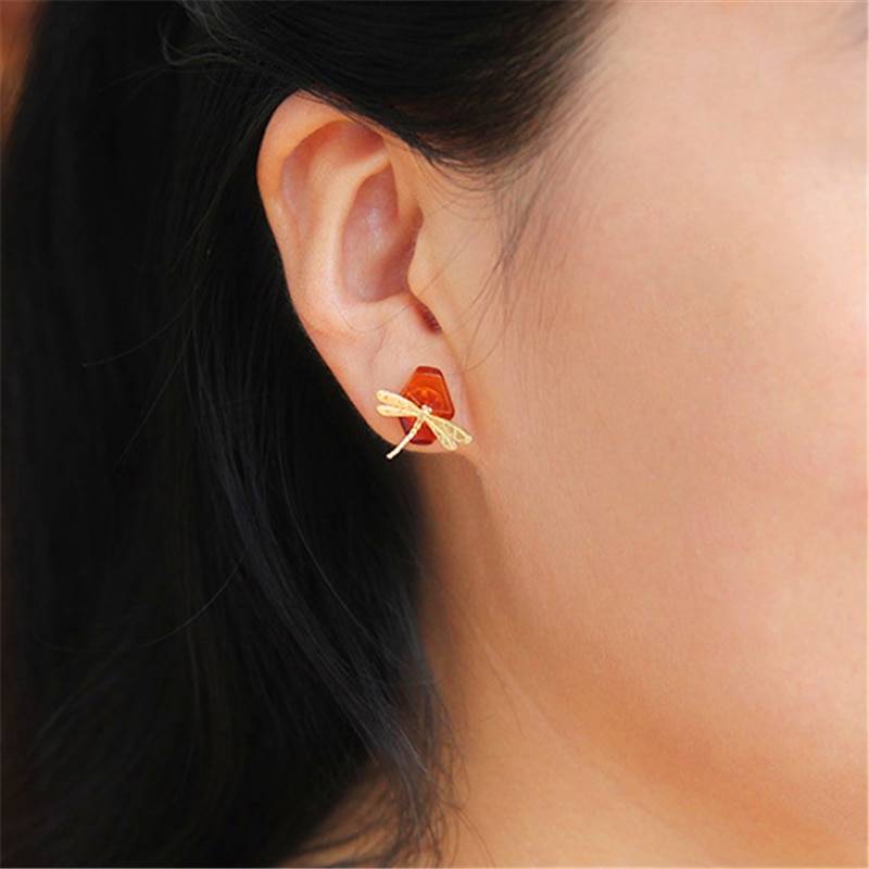 Lotus Fun Real 925 Sterling Silver Natural Amber Handmade Fine Jewelry 18K Gold Cute Dragonfly Stud Earrings for Women Brincos Summer Garden