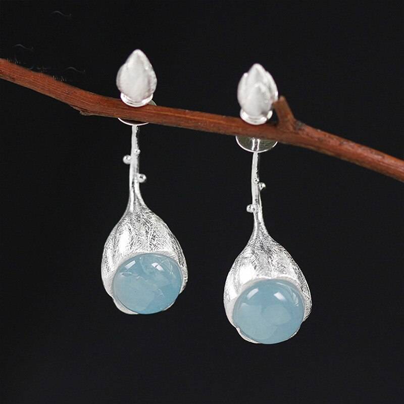 Lotus Fun Real 925 Sterling Silver Natural Stone Handmade Designer Fine Jewelry Elegant Lotus Buds Dangle Earrings for Women Flowers on the Water Gem Color: Silver Blue Stone