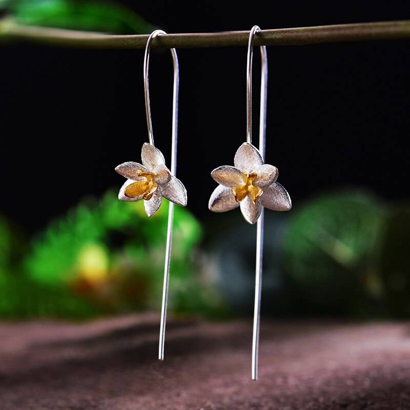 Lotus Fun Real 925 Sterling Silver Natural Creative Handmade Fine Jewelry Cute Blooming Flower Drop Earrings for Women Brincos Summer Garden Gem Color: Silver