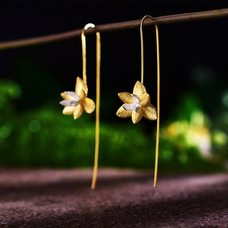 Lotus Fun Real 925 Sterling Silver Natural Creative Handmade Fine Jewelry Cute Blooming Flower Drop Earrings for Women Brincos Summer Garden Gem Color: Gold