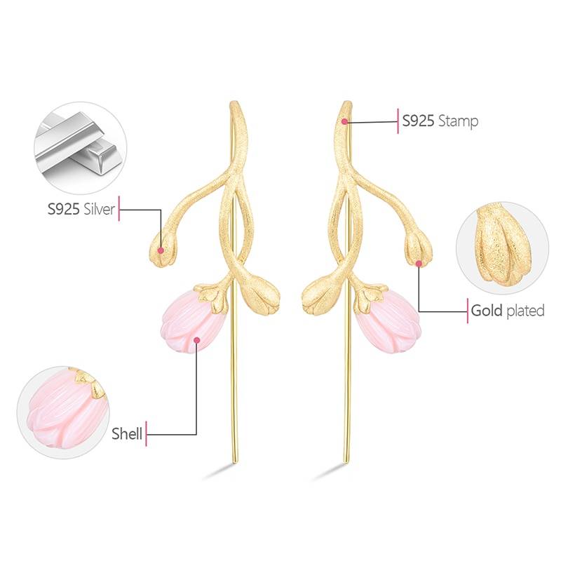 Lotus Fun 18K Gold Jasmine Flower and Bud Natural Shell Dangle Earrings Real 925 Sterling Silver Designer Fine Jewelry for Women Spring Blooms 