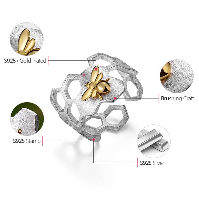 Lotus Fun Real 925 Sterling Silver 18K Gold Bee Rings Natural Designer Fine Jewelry Home Guard Honeycomb Open Ring for Women Rings 