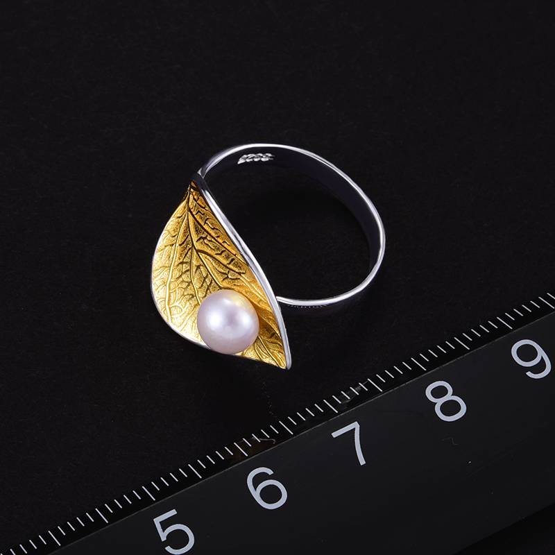Lotus Fun Real 925 Sterling Silver Natural Pearl 18K Gold Leaf Ring Fine Jewelry Creative Designer Open Rings for Women Bijoux Summer Garden 