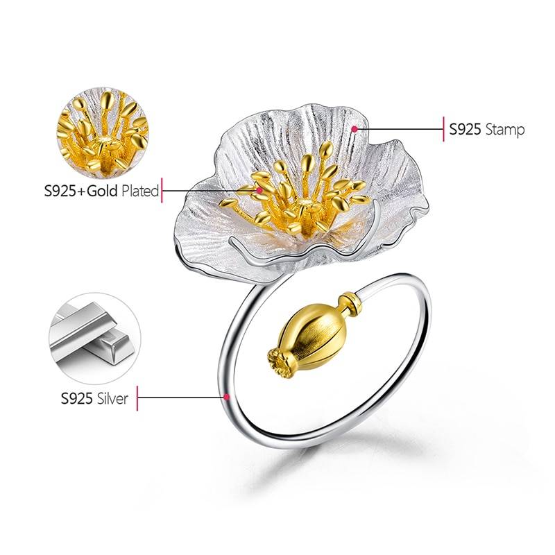 Lotus Fun Real 925 Sterling Silver Adjustable Ring Handmade Designer Fine Jewelry Blooming Poppies Flower Rings for Women Bijoux Spring Blooms 