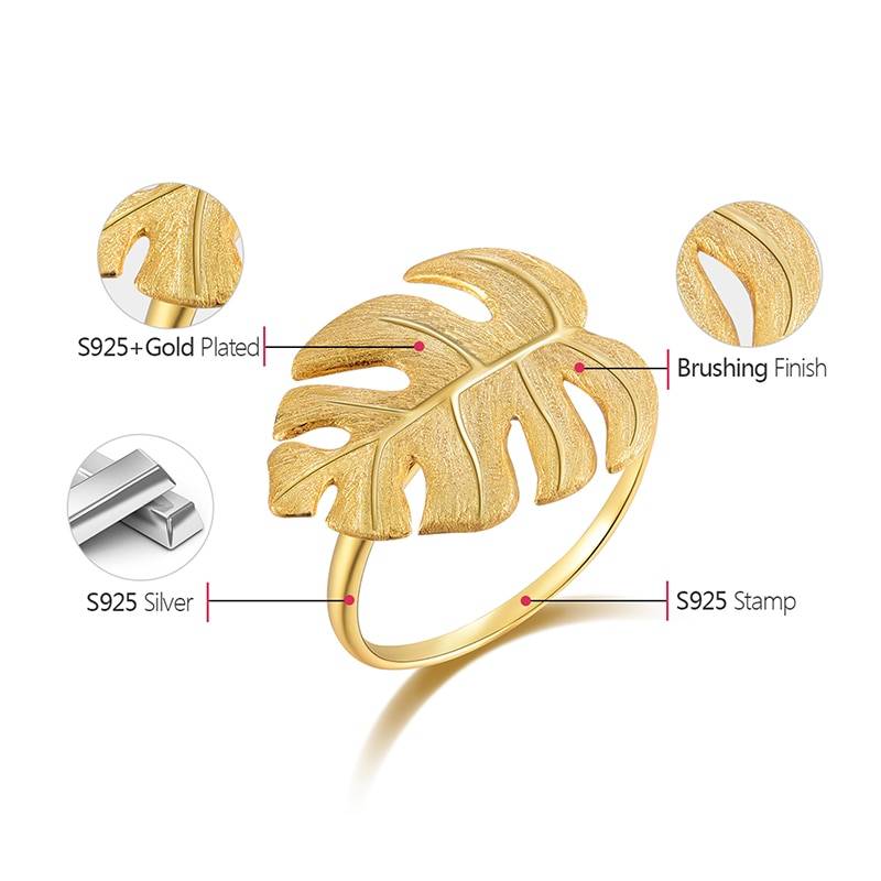 Lotus Fun Real 925 Sterling Silver Natural Designer Fine Jewelry 18K Gold Monstera Leaves Ring Adjustable Rings for Women Bijoux Summer Garden 