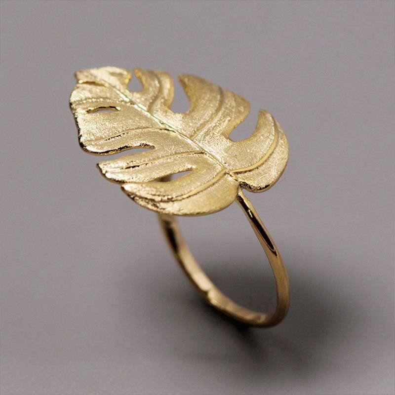 Lotus Fun Real 925 Sterling Silver Natural Designer Fine Jewelry 18K Gold Monstera Leaves Ring Adjustable Rings for Women Bijoux Summer Garden Gem Color: Gold
