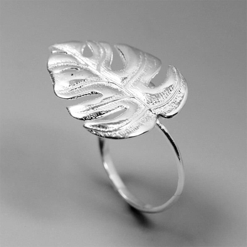 Lotus Fun Real 925 Sterling Silver Natural Designer Fine Jewelry 18K Gold Monstera Leaves Ring Adjustable Rings for Women Bijoux Summer Garden Gem Color: Silver