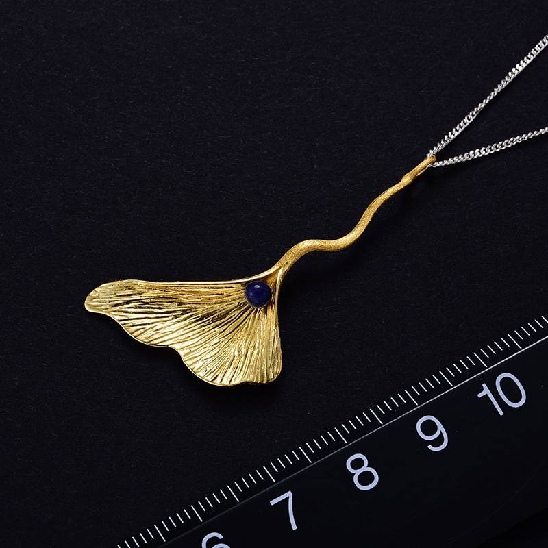 Lotus Fun Real 925 Sterling Silver Natural Lapis Fine Jewelry 18K Gold Ginkgo Leaf Jewelry Set with Earring Pendant Necklace Jewelry Sets