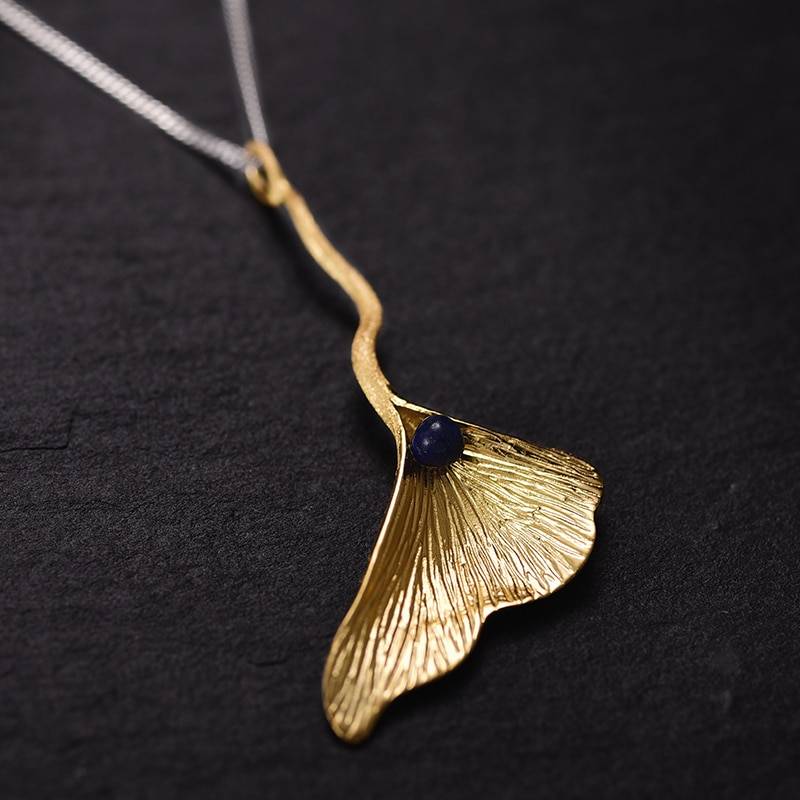 Lotus Fun Real 925 Sterling Silver Natural Lapis Fine Jewelry 18K Gold Ginkgo Leaf Jewelry Set with Earring Pendant Necklace Jewelry Sets