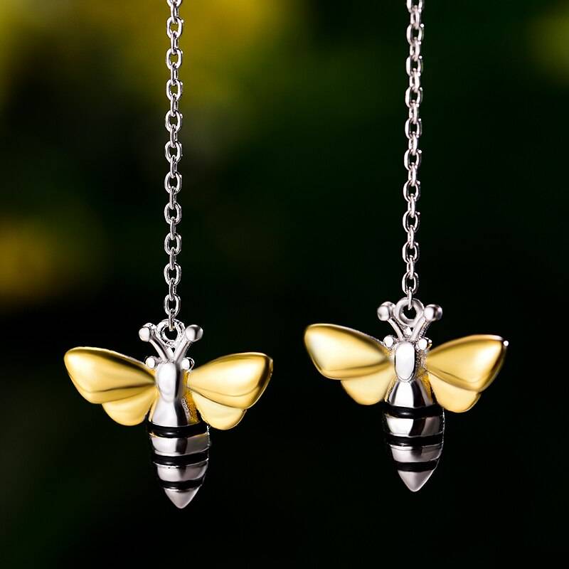 Honey Bee Dangle Earrings in Silver Chain