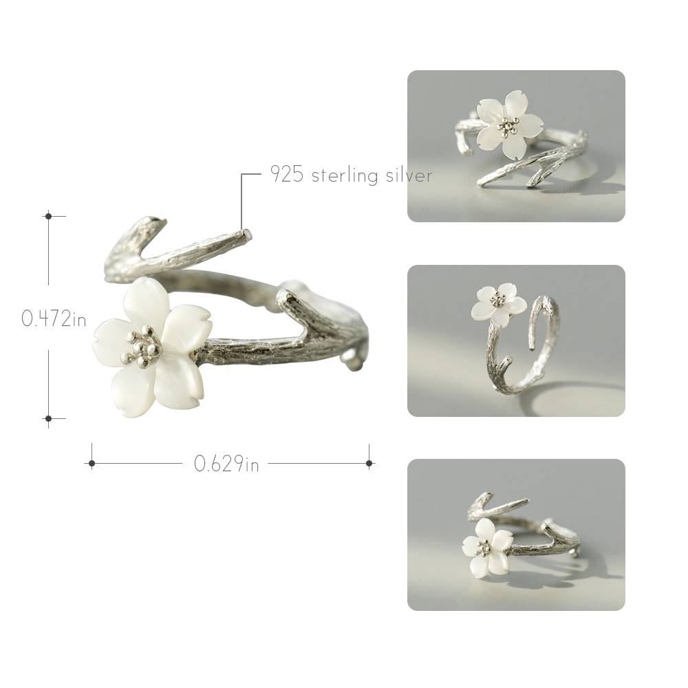 Thaya White Cherry Blossom Silver Ring s925 Silver Natural Pearl Shell Flower Branch Rings for Women Elegant Ladies Jewelry Rings