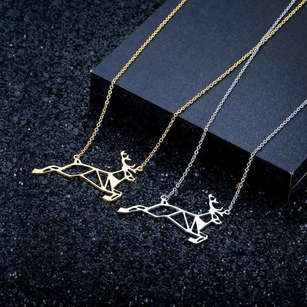 Galloping Deer Origami Necklace on display