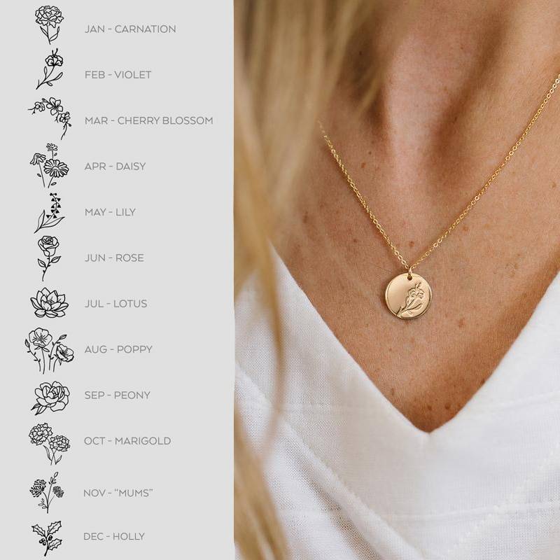 Delicate Birth Flowers Necklace Carnation Rose Charms Layering Flower Month Disc Necklace Jewelry Mother Women Gift 15mm, 18inch Necklaces