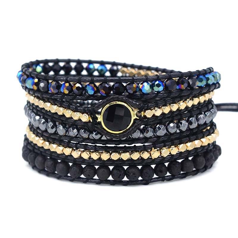 Men and Women Vegan Bohemian Black Mix Natural Stone Beadwork 5 Wraps Bracelet Jewellery Bracelets & Bangles