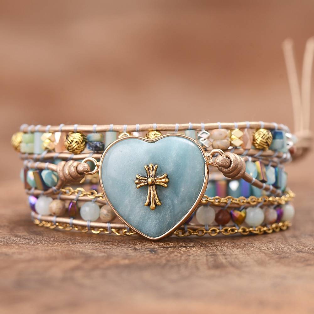 Heart Charm Amazonite Wrap Bracelet front