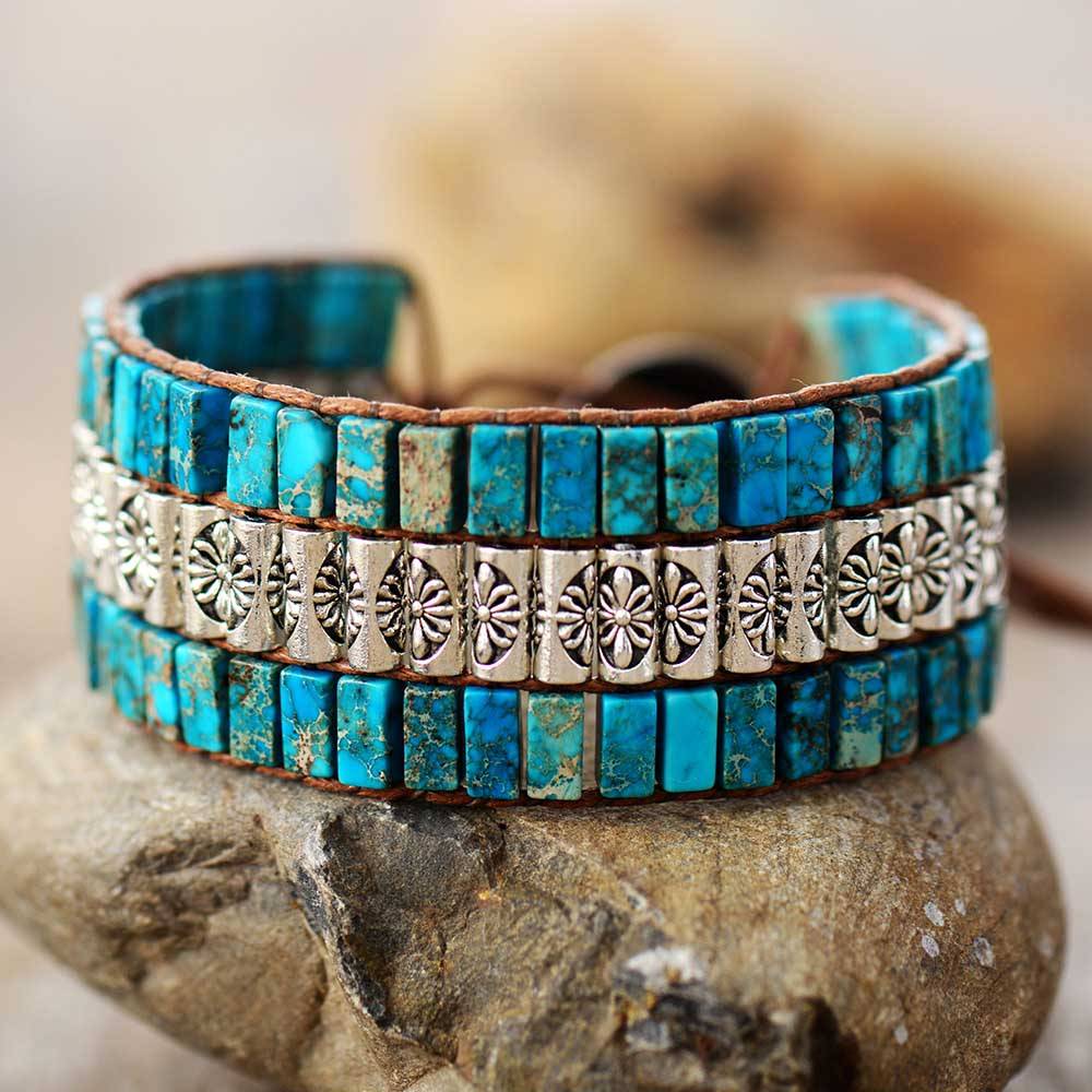 Handmade Wrap Bracelet Turquoises Antique Metal Beads Weaving Statement Wristband Bracelet Teengirls Jewelry Gifts for Women Bracelets & Bangles