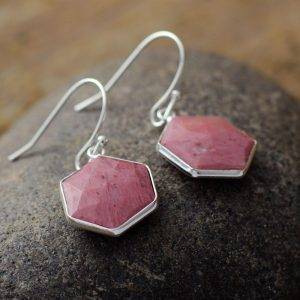 Hexagonal Rhodonite Earrings display