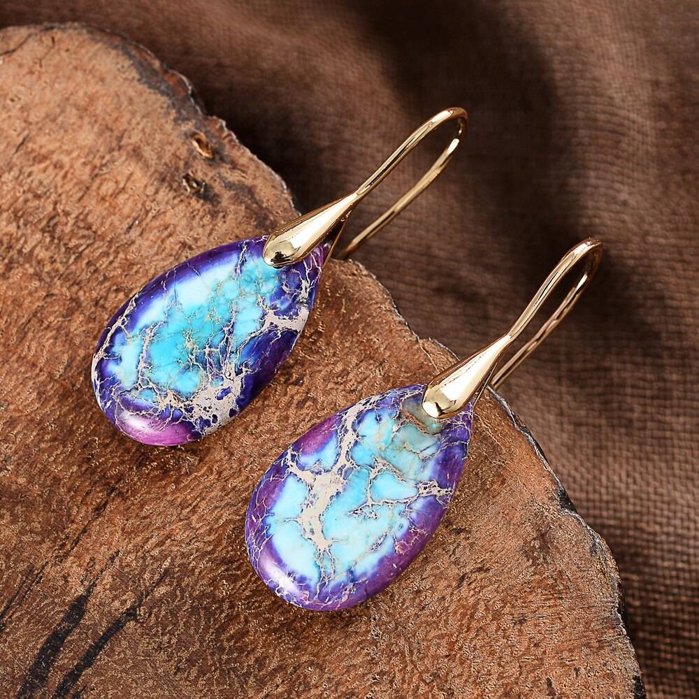 Purple Jasper Water Drop Earrings gold display