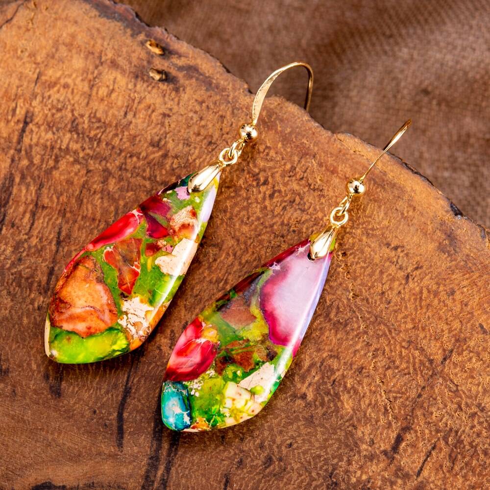 Multicolor Jasper Dangle Earrings gold on display