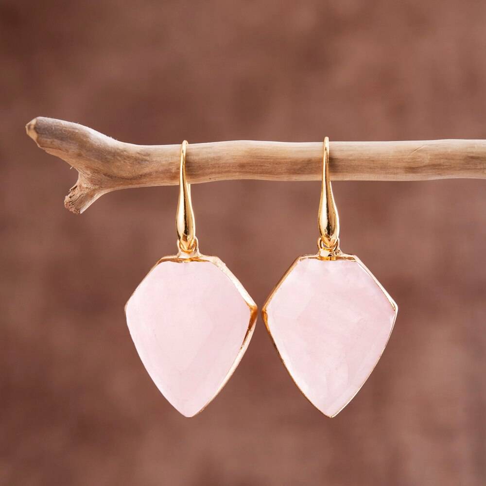 Pink Quartz Shield Dangle Earrings