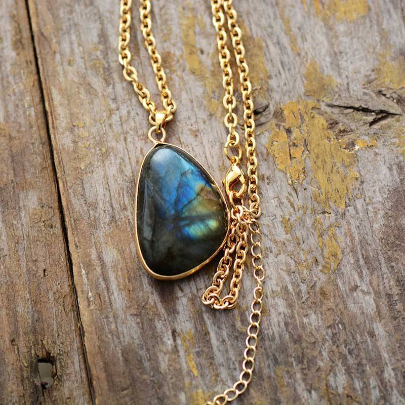 Classic Labradorite Pendant Necklace angled with chain
