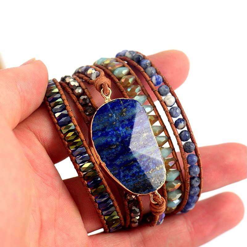 Bohemian Ocean Lapis Lazuli Wrap Bracelet on hand