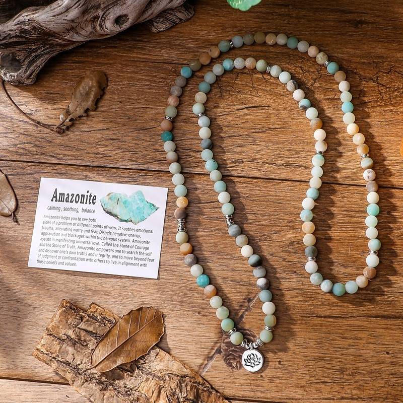 Natural Amazonite Stone Mala Prayer Beads Bracelet or Necklace spread out