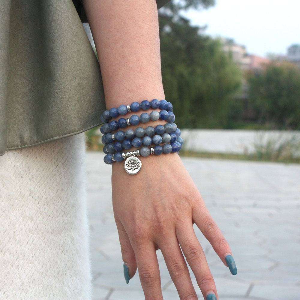 New Arrival Design Women’s Mala Beads Bracelet Vintage Blue Aventurine Quartz Yoga Bracelet Necklace Lotus Bracelet Bracelets & Bangles