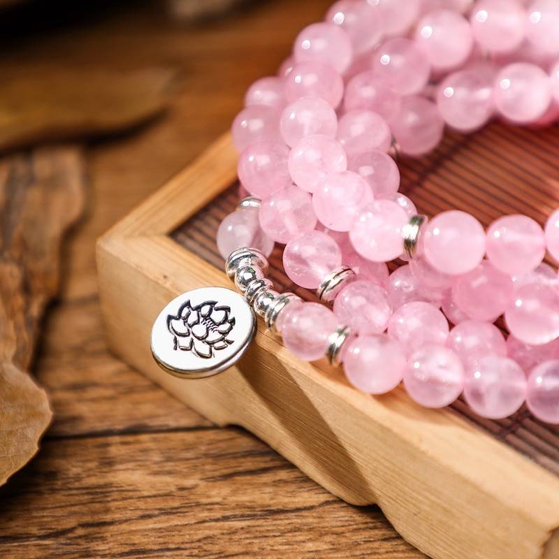 Rose Quartz Mala Prayer Beads Bracelet or Necklace closeup