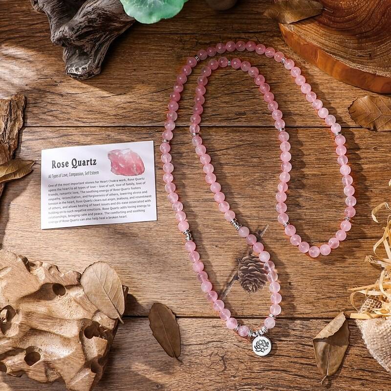 Rose Quartz Mala Prayer Beads Bracelet or Necklace spread out