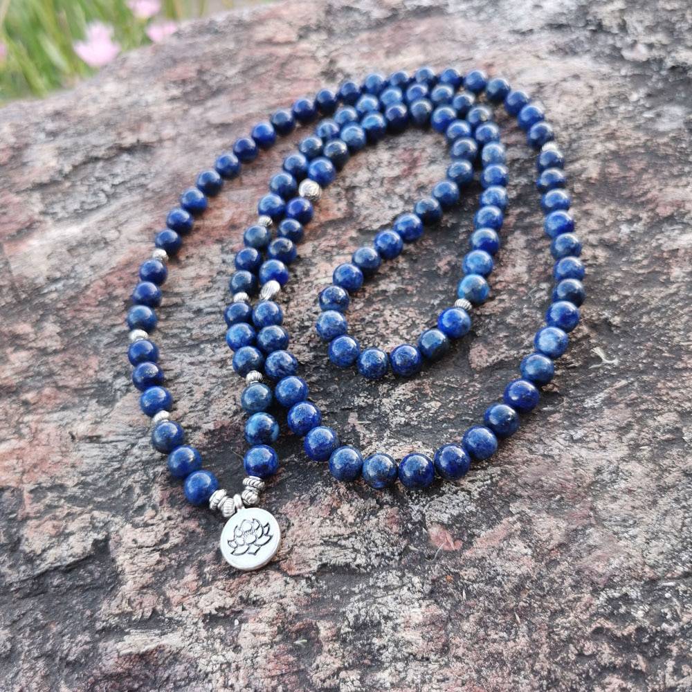 Lapis Lazuli Mala Prayer Beads Bracelet or Necklace spread out