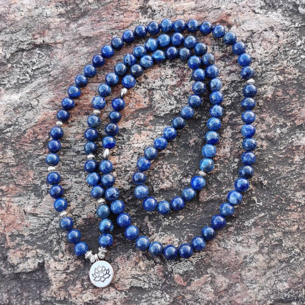 Lapis Lazuli Mala Prayer Beads Bracelet or Necklace spread out 2