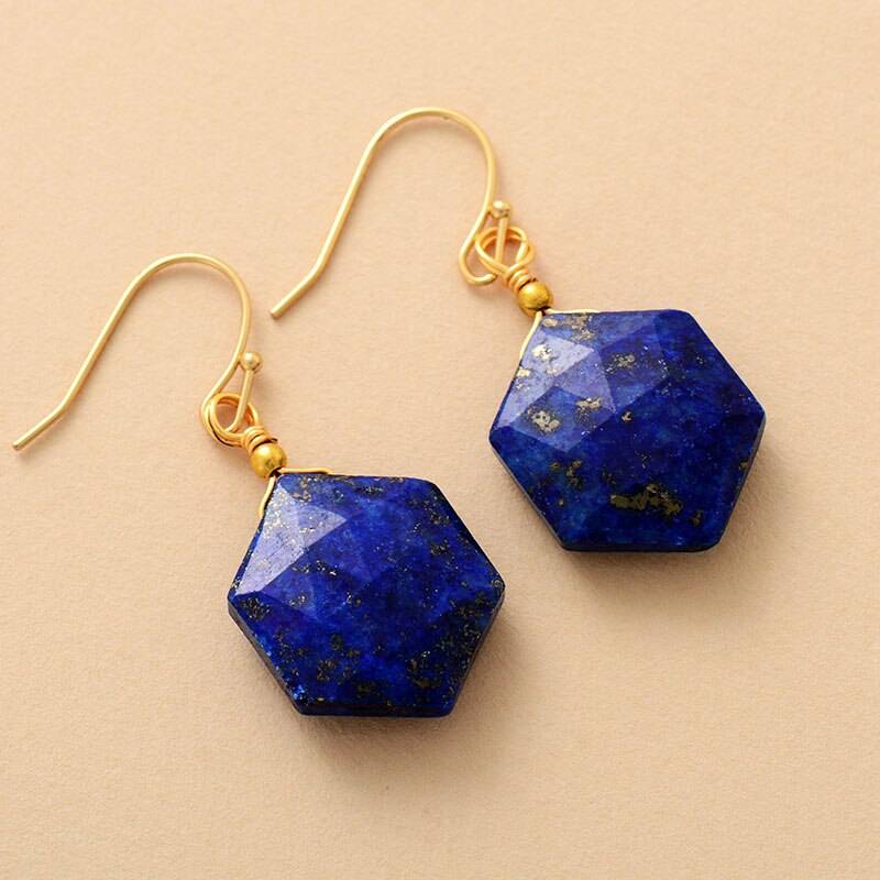 Cooling Hexagonal Lapis Lazuli Earrings angled