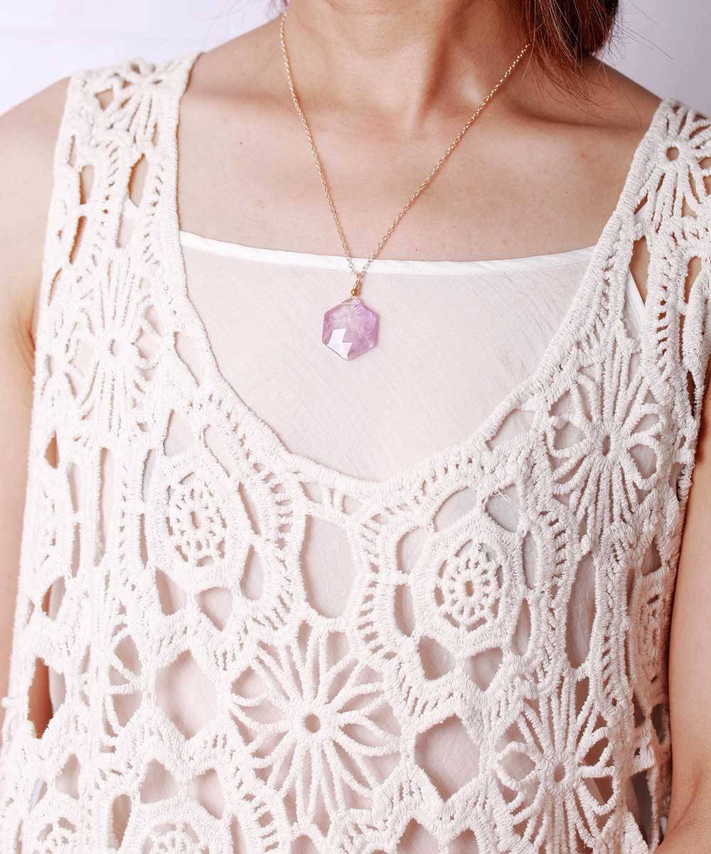 Soothing Hexagonal Amethyst Necklace worn