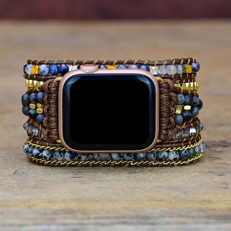 Natural Stone Black Labradorite Apple Watch Band BOHO Wax Rope 5 Wrap Apple Watch Strap Wholesale&Dropshipping Apple Watch Straps