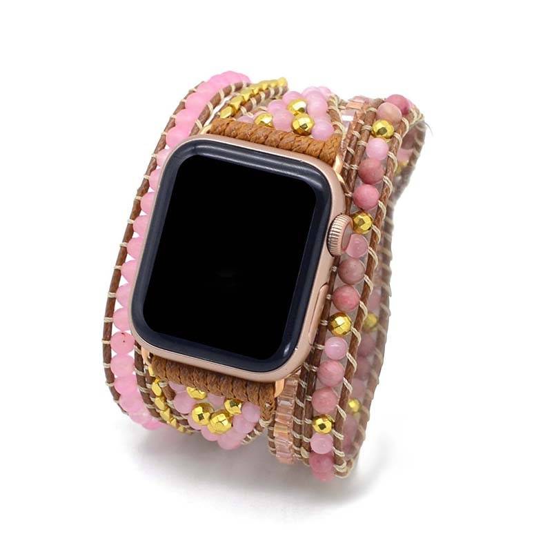 Natural Stone BOHO Rose Quartz Apple Watch Strap Leather Bracelet 5 Wrap Watch Band for Gifts Jewelry Dropshipping Apple Watch Straps