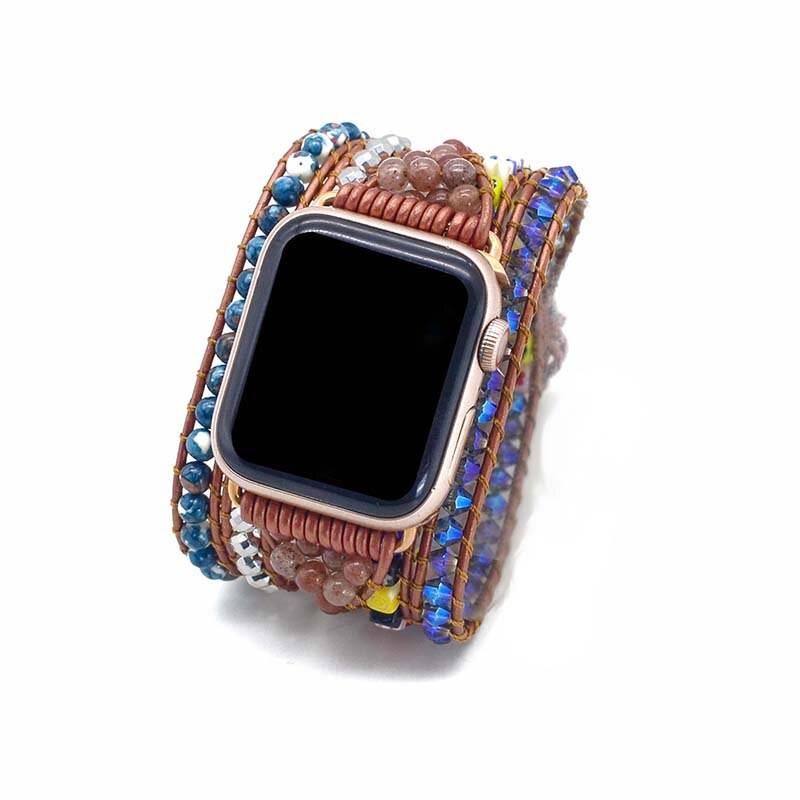 Coloured Glaze Apple Watch Band BOHO Stone Leather Bracelet Flower Stone 5 Wrap Bracelet Band Wholesale&Dropshipping Apple Watch Straps