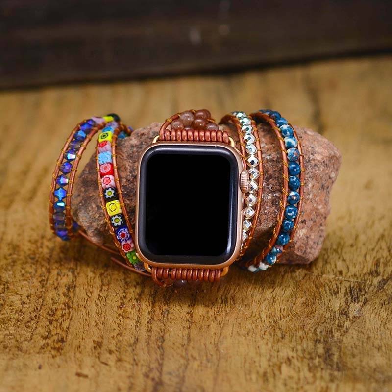Coloured Glaze Apple Watch Band BOHO Stone Leather Bracelet Flower Stone 5 Wrap Bracelet Band Wholesale&Dropshipping Apple Watch Straps
