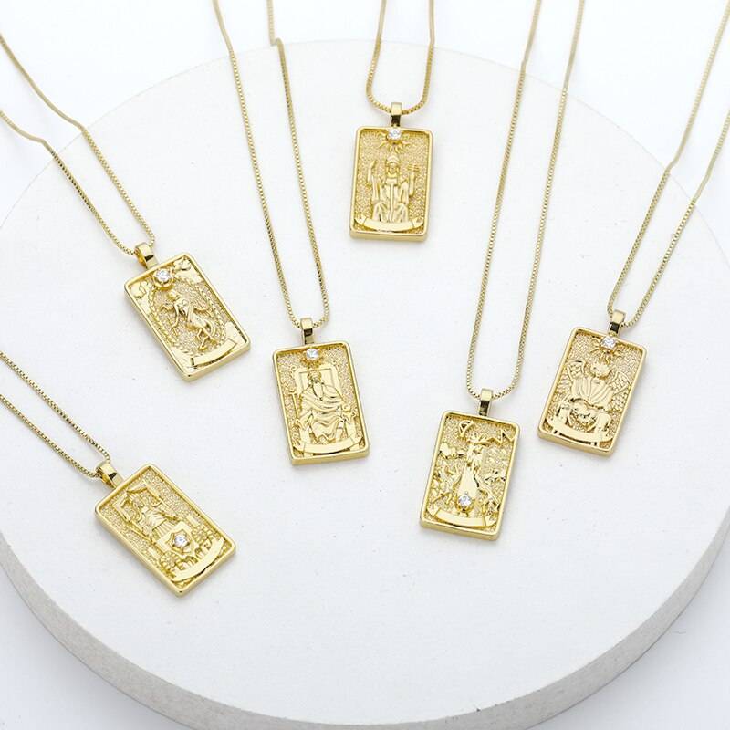 Vintage Tarot Cards Necklaces For Women Man kabala Symbols Zircon Square Necklace Punk Sun and Moon Pendant Jewelry Gifts Necklaces