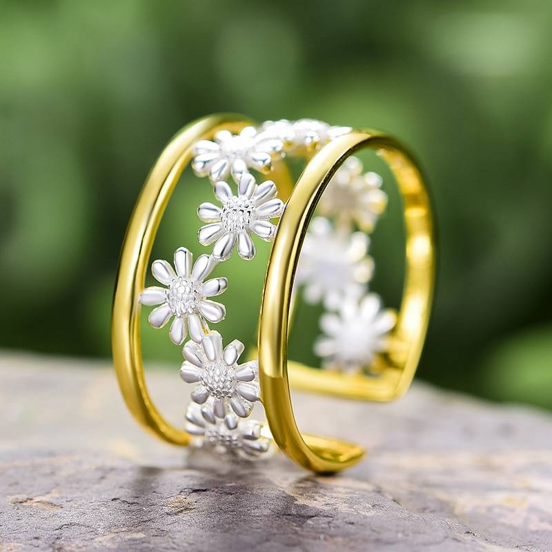 Lotus Fun Elegant Little Daisy Flower Adjustable Rings for Women Real 925 Sterling Silver Luxury 18K Gold Jewelry 2022 Trend New Rings