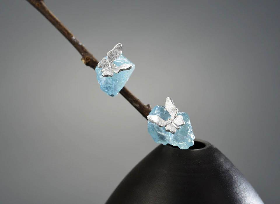 Fluttering Aquamarine Butterfly Earrings in silver