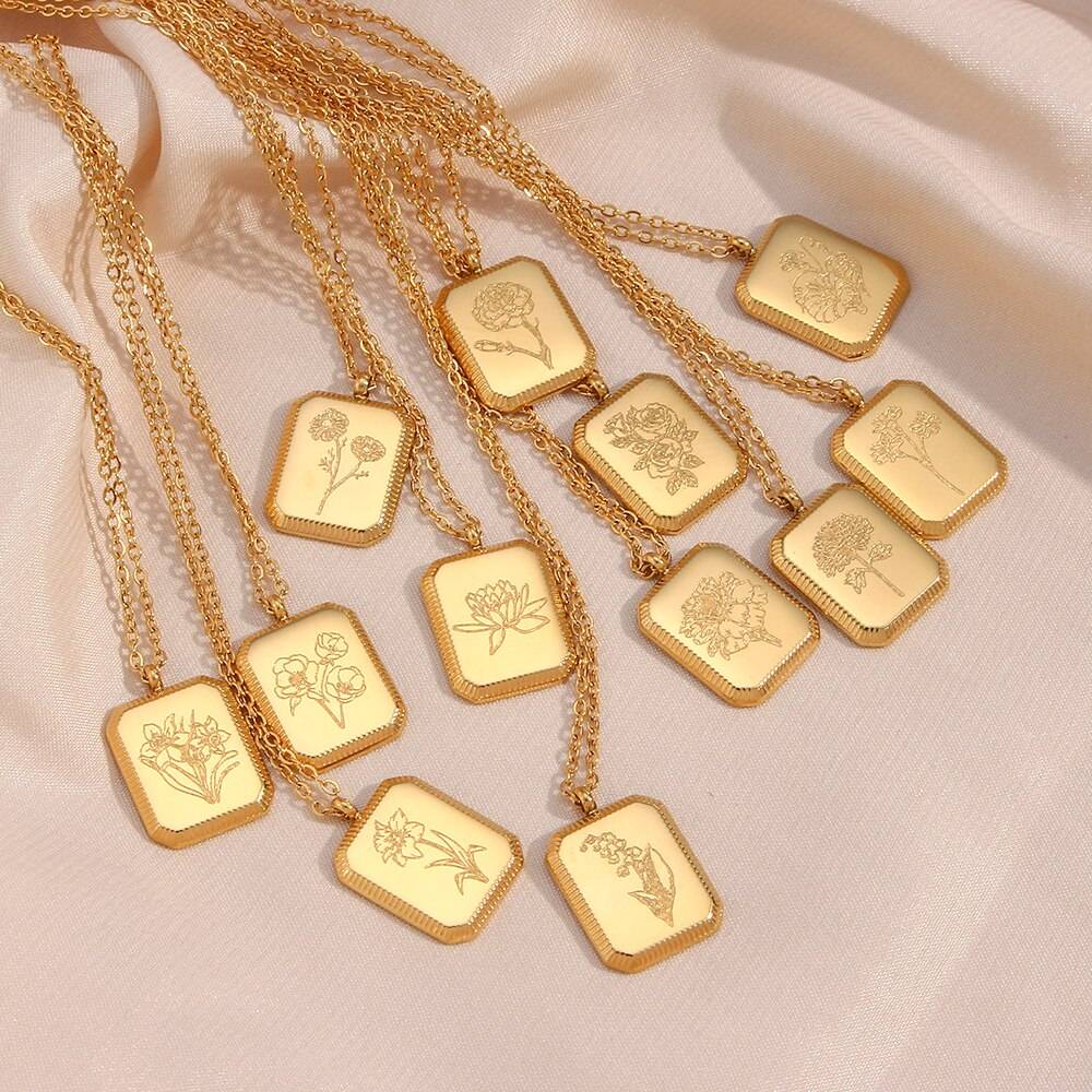 2022 New Original Design Cute Square Month Flower Birthstone Necklaces For Women Stainless Steel Gold Plated Flower Necklace Necklaces