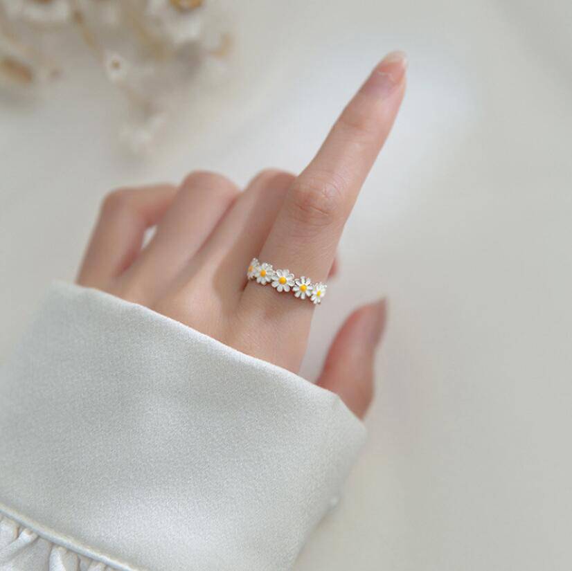 Solid 925 Sterling Silver Rings for Women Teen Girls Pave Daisy Flower Adjustable Finger Band Korean Stylish Jewelry 2021 Rings