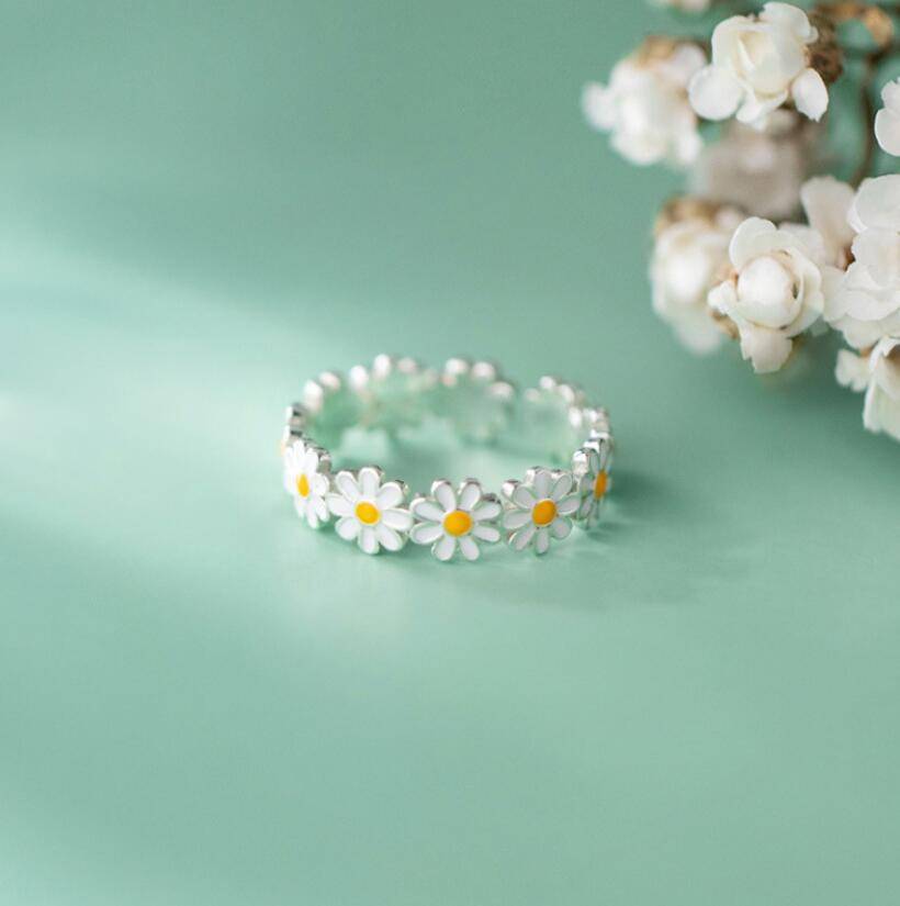 Solid 925 Sterling Silver Rings for Women Teen Girls Pave Daisy Flower Adjustable Finger Band Korean Stylish Jewelry 2021 Rings